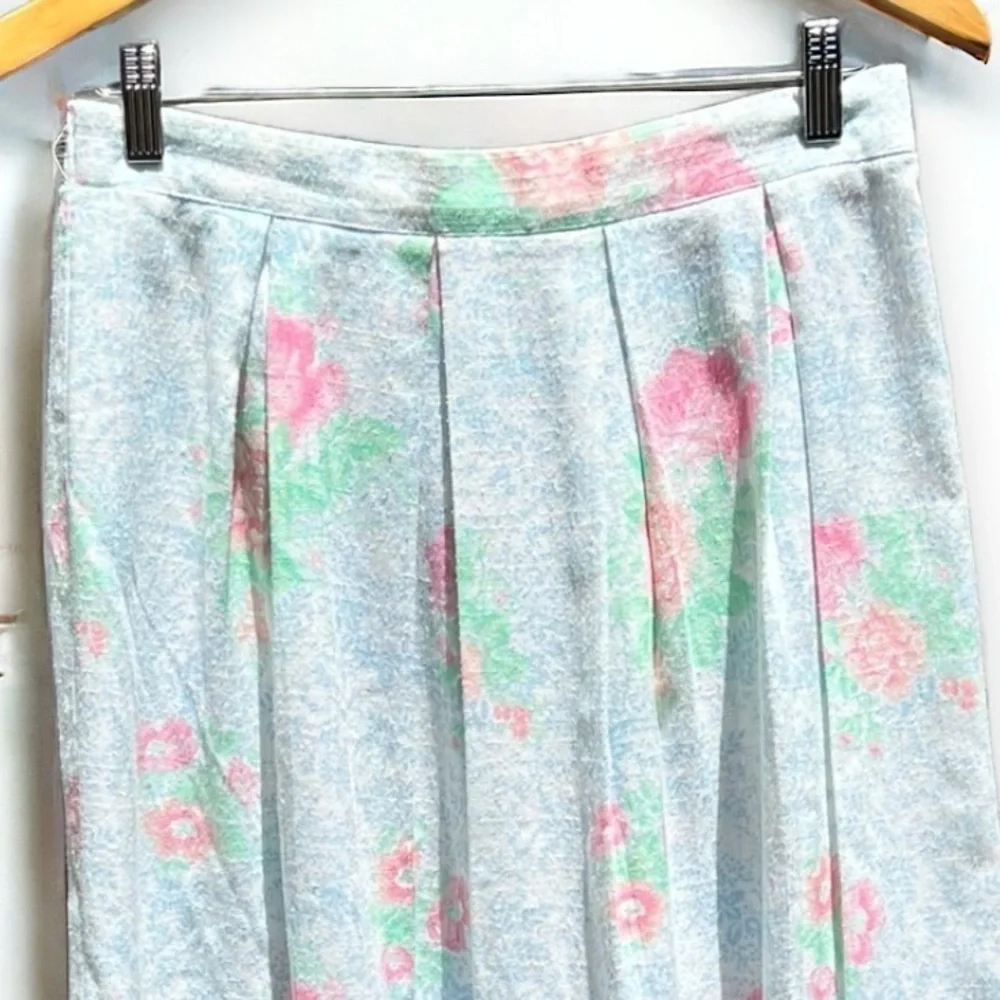 🌻Vintage F.R. Bentley Pleated Pastel Floral Midi Skirt Elastic Waistband Size M - Picture 3 of 8